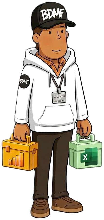Ilustración del técnico de Be Data, My Friend con gorra BDMF, sudadera blanca y una caja de herramientas en cada mano.